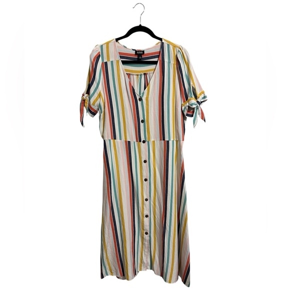 a.n.a Rainbow Striped Midi Sundress with V-Neck and Cuffed Sleeves Linen Blend L - Picture 3 of 10